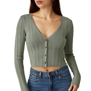 Guess Women's Large Crop Cardigan Sweater Grey Olive Stretch Long Sleeve